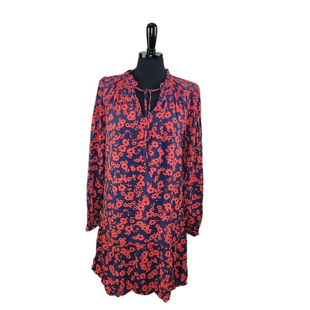LOFT Floral Mini Dress Red Blue Hippie Boho Ruffle Long Sleeve Rayon M